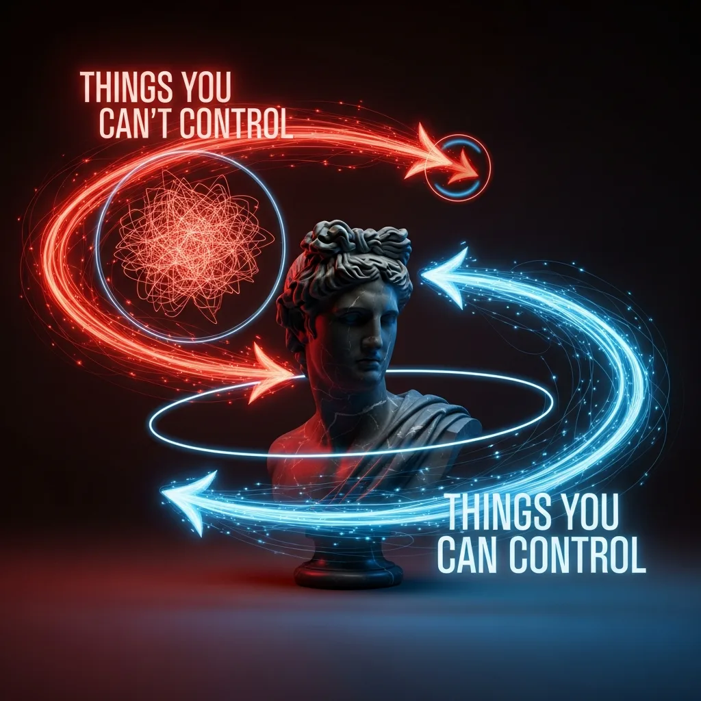 A modern visual of a Stoic bust deflecting chaos and absorbing what can be controlled, symbolizing the Stoic mindset.