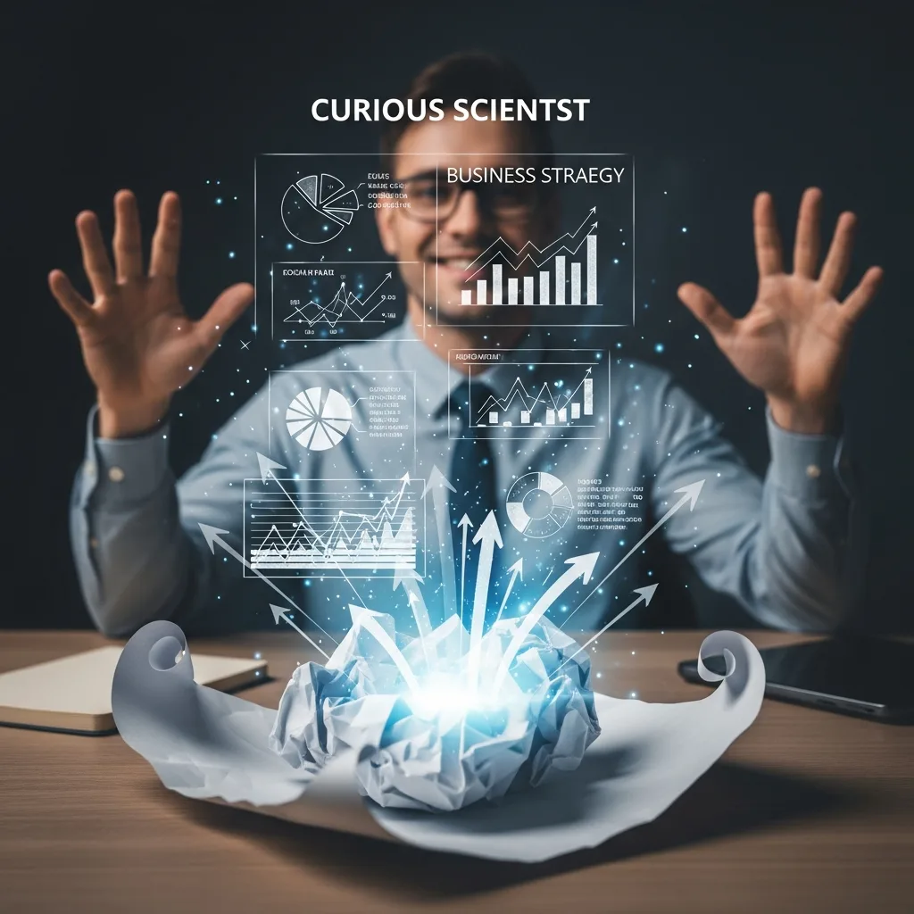 A glowing, crumpled-up business plan transforming into a new holographic strategy, representing the Curious Scientist mindset of learning from failure.