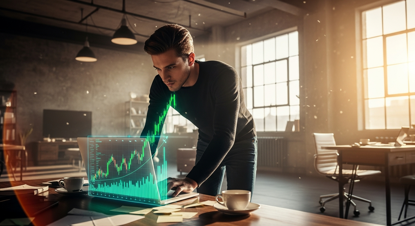 A focused entrepreneur in a stylish loft looking at a laptop with glowing, upward-trending financial charts, embodying the energy and determination of a modern hustler.