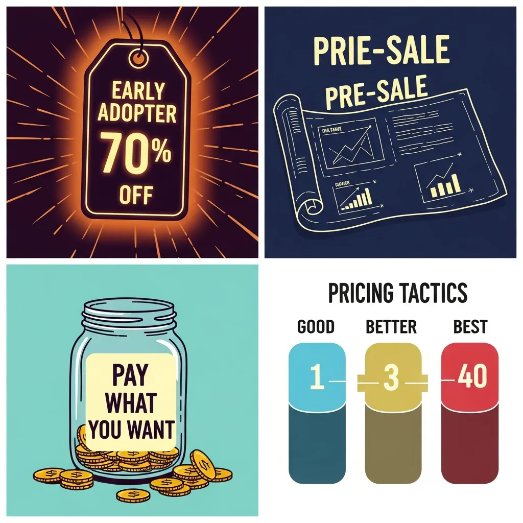 Illustration showing four pricing tactics: Early Adopter discount, Pre-Sale, Pay What You Want, and Good, Better, Best tiers.