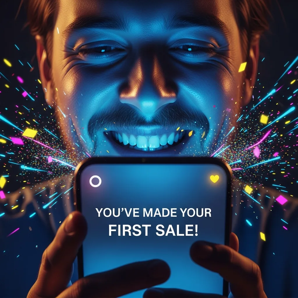 A founder's face lit up with joy from a smartphone notification reading 'You've made your first sale!'.