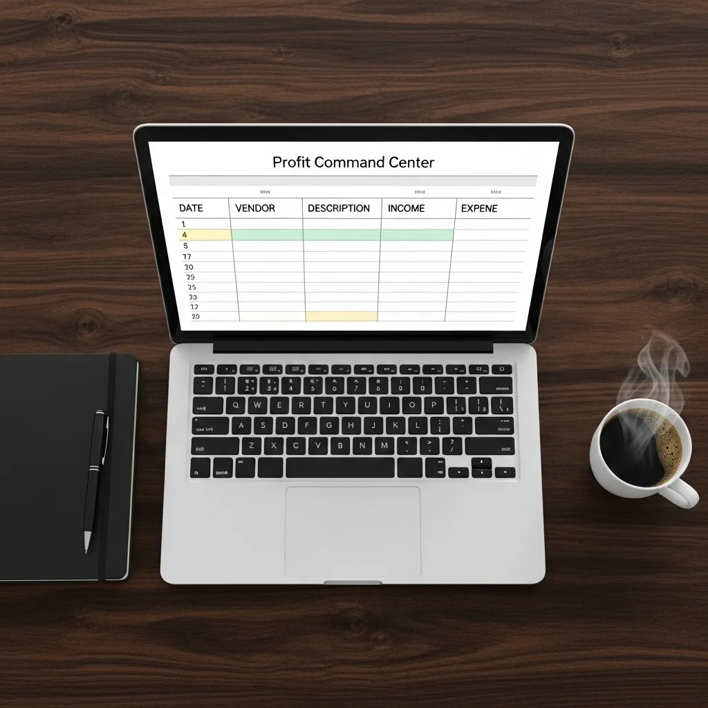 A top-down view of a desk with a laptop showing a simple spreadsheet for tracking finances.