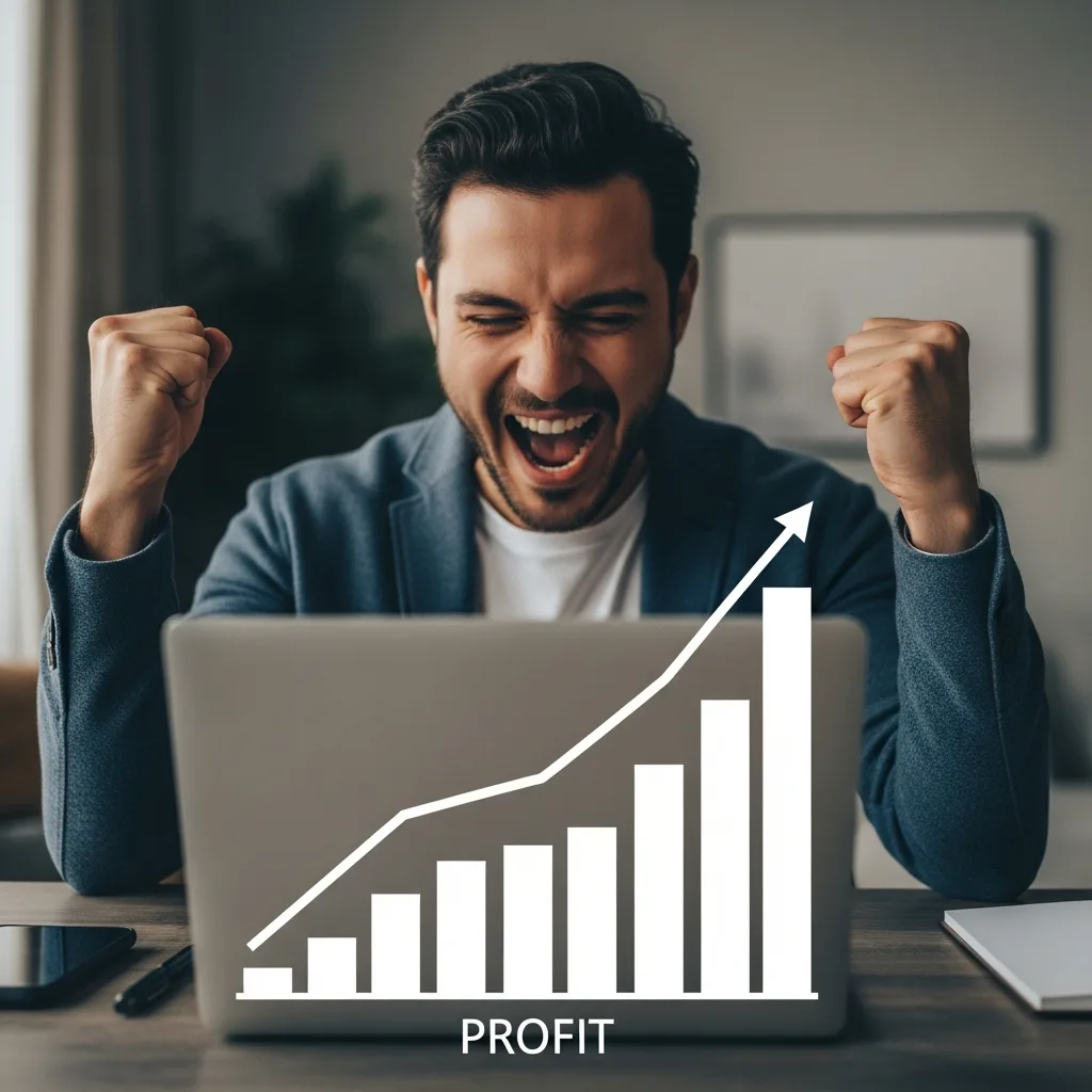 A person celebrating with fists in the air while looking at a laptop showing a profit chart going up.
