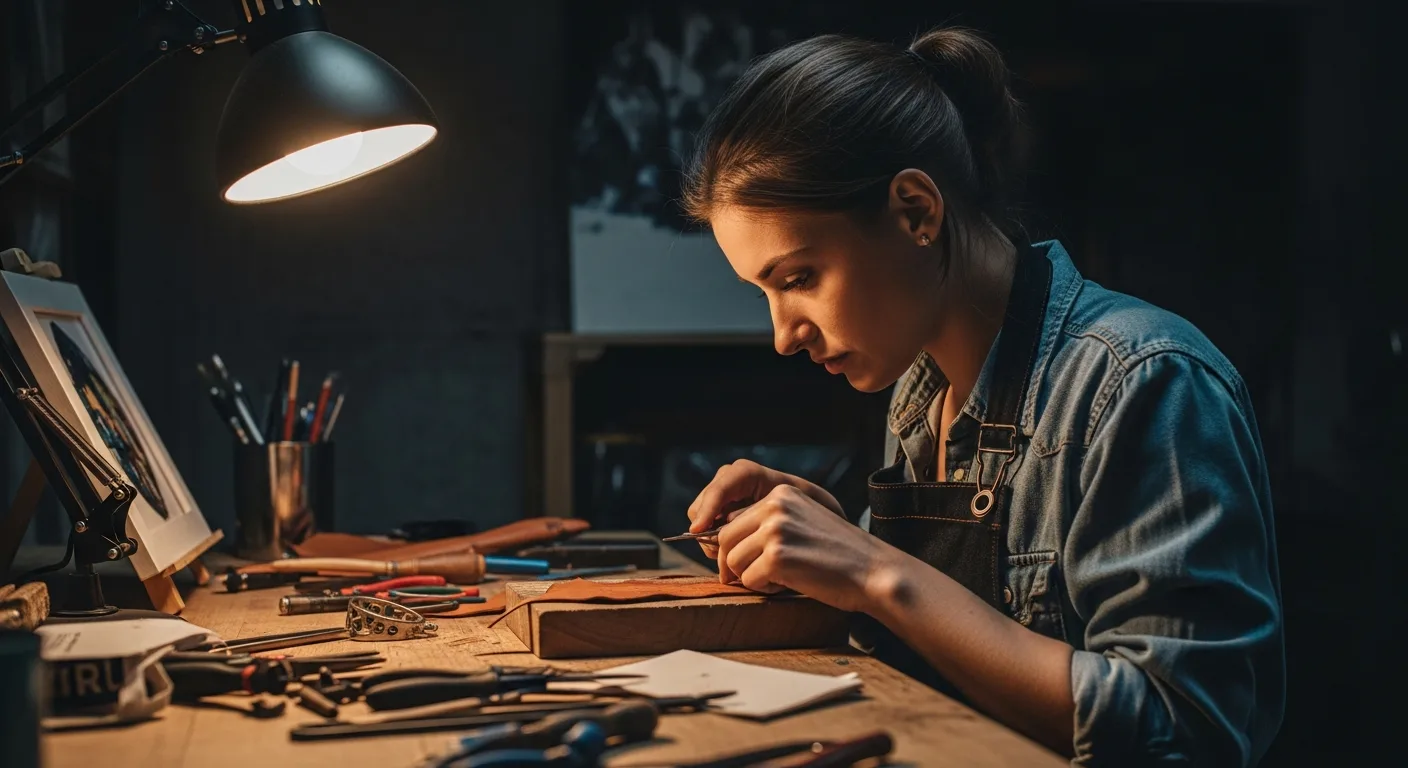 A determined entrepreneur focused on their craft in a gritty, dimly lit workshop at night.