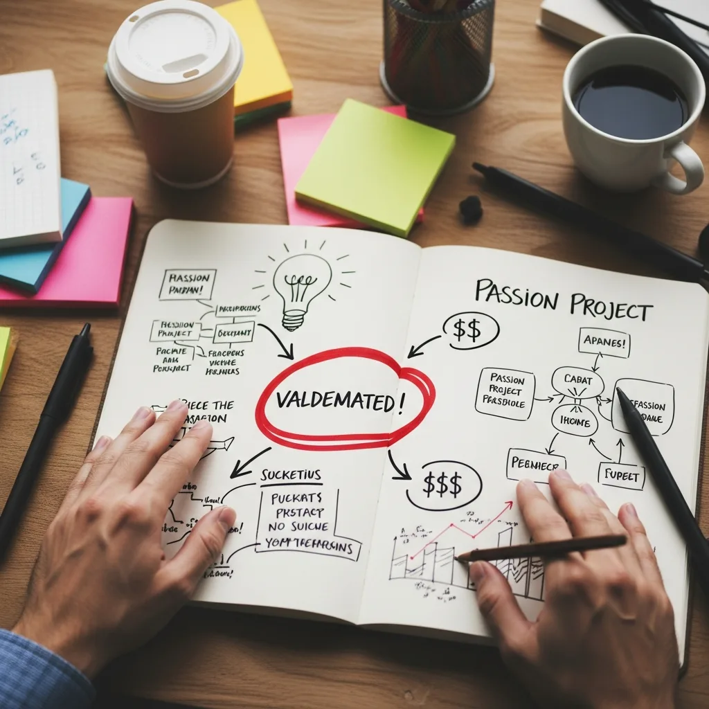 A messy workbench with a notebook open to a page of brainstormed ideas, with one idea circled and marked as 'VALIDATED!'.