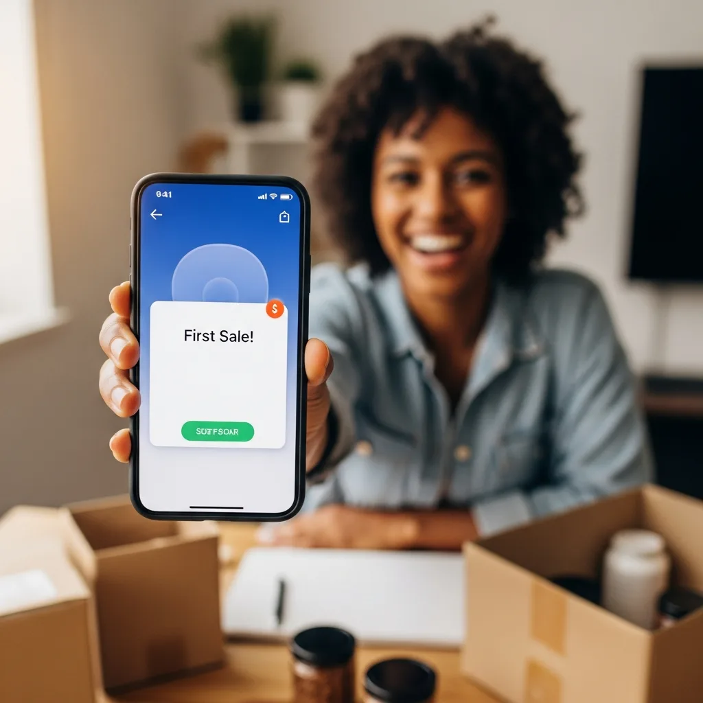 A person smiling with joy while holding a smartphone that displays a 'First Sale!' notification.