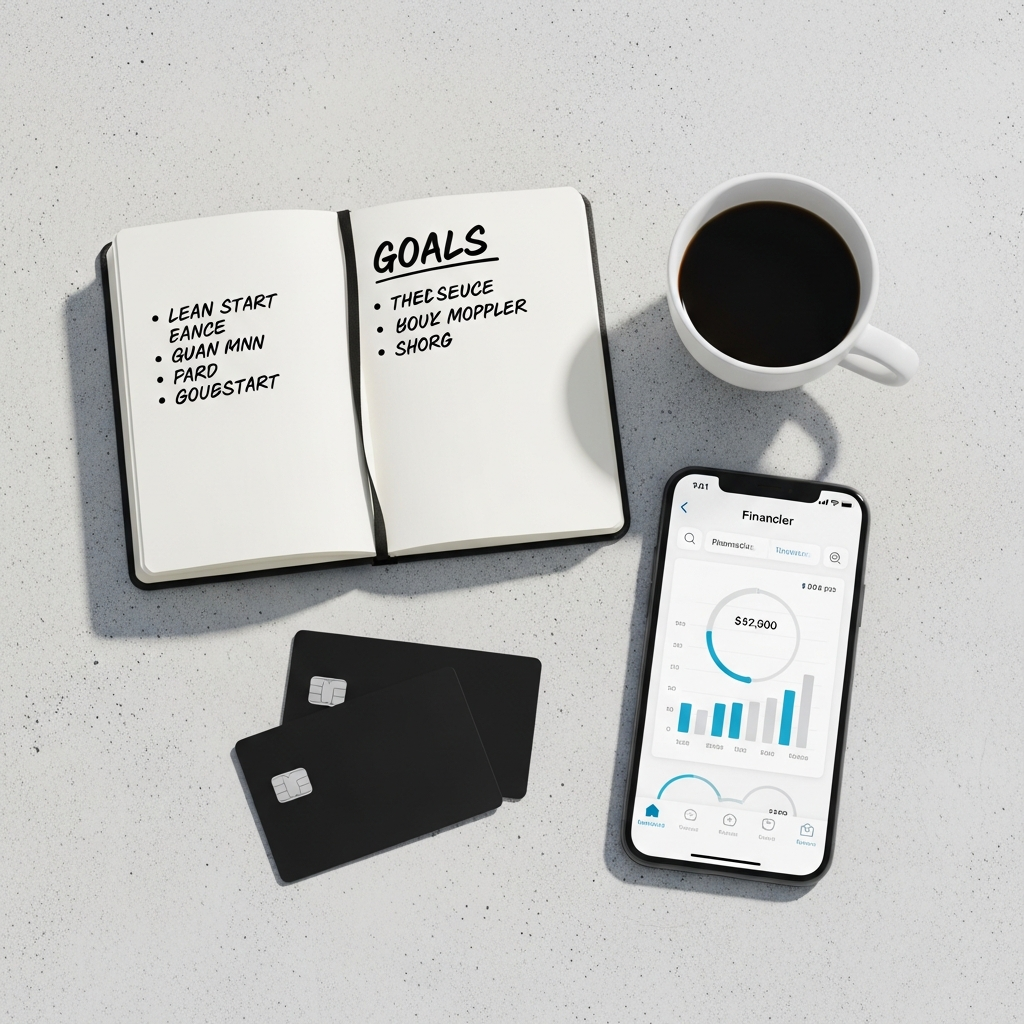 A flat lay of a hustler’s ‘lean start’ toolkit including a debit card, a smartphone with a financial app, a notebook, and coffee, representing an organized and powerful approach.