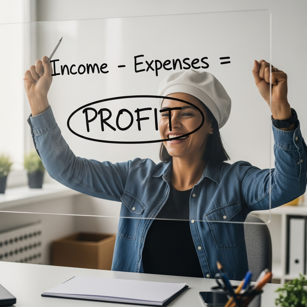 A person celebrating a financial win, smiling with relief and confidence while looking at the formula ‘Income – Expenses = PROFIT’ written on a clear board.