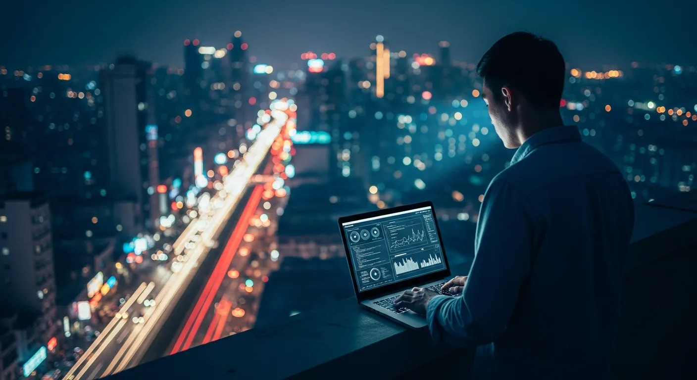 A determined entrepreneur using AI tools to fuel their side hustle, overlooking a city at night.