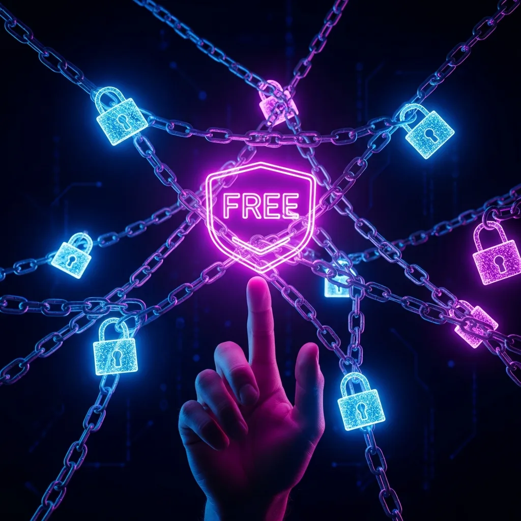 A visual representation of an AI paid trap, with a hand reaching for a glowing 'FREE' sign inside a digital mousetrap.