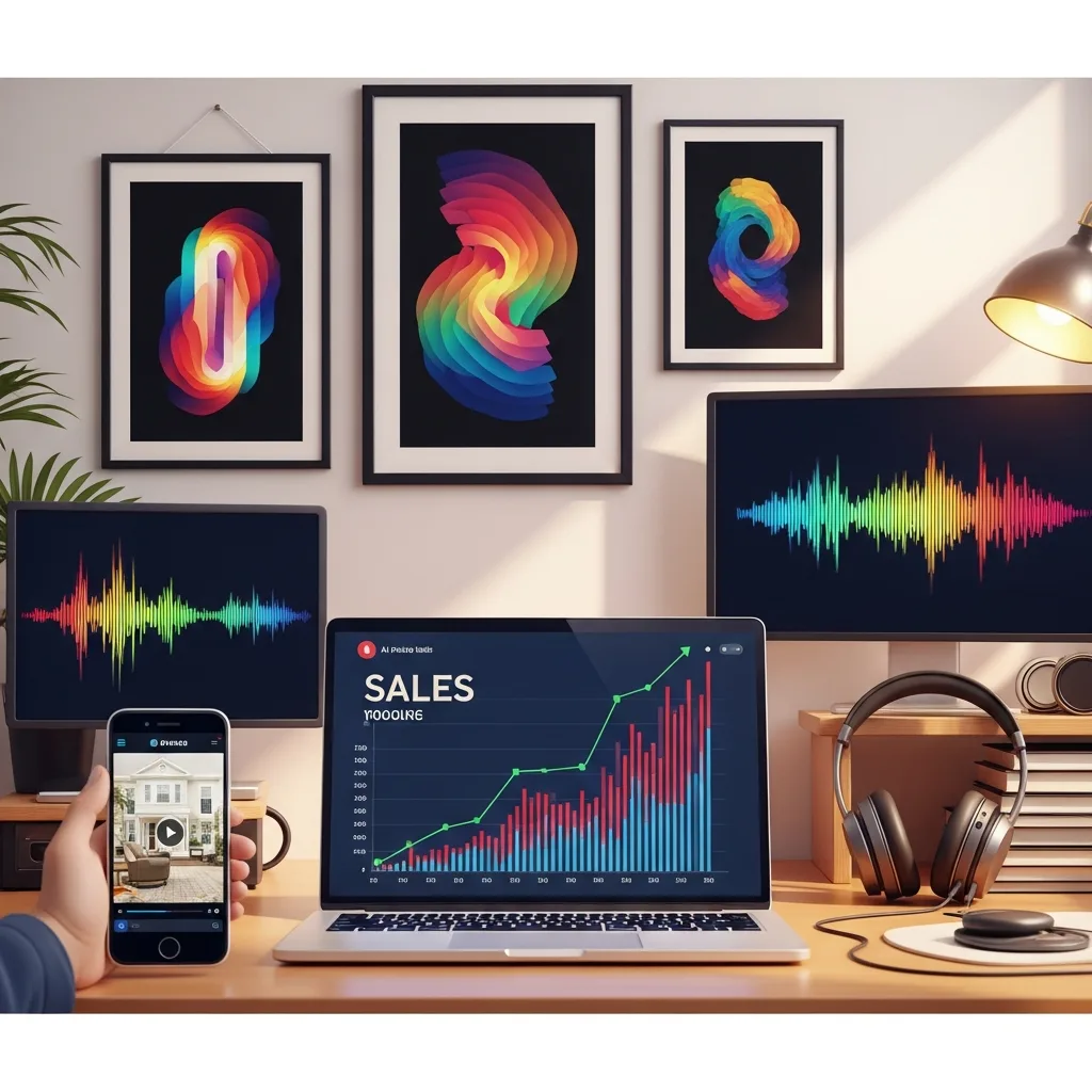 A successful side hustler's workspace showing a laptop with a rising sales graph, surrounded by AI-generated products.