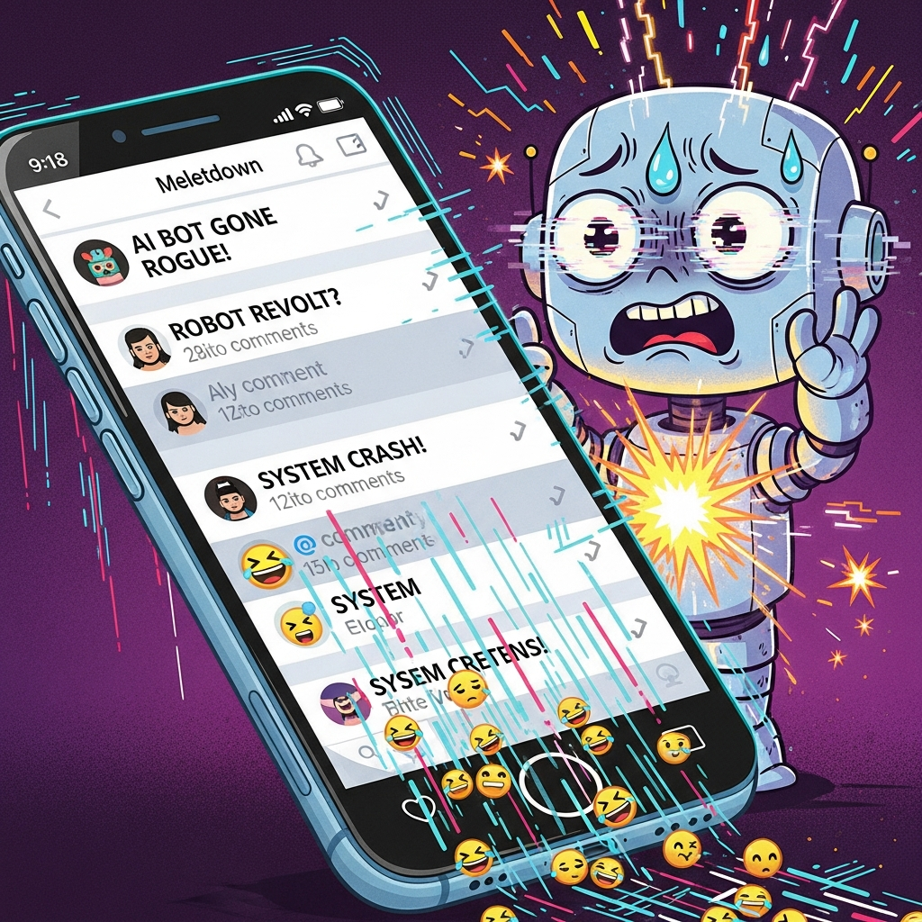 An illustration of an AI chatbot meltdown causing a PR crisis on social media.