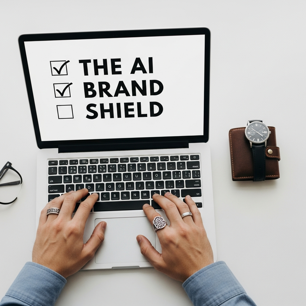 A hustler's desk showing a laptop with an 'AI Brand Shield' checklist, signifying control over AI.