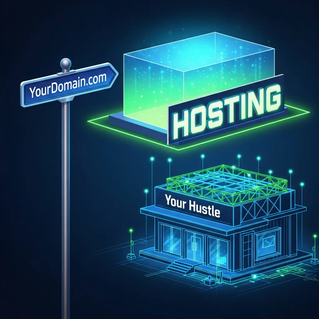 A visual analogy showing a domain name as a street address, hosting as the land, and the website as the house being built.
