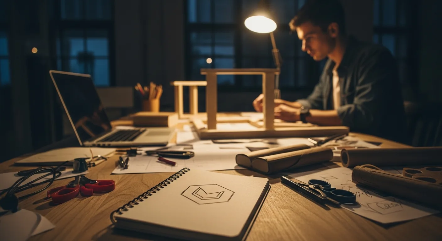 A passionate entrepreneur in a workshop, focusing on their project, with a logo sketch nearby, representing the hard work behind a brand.