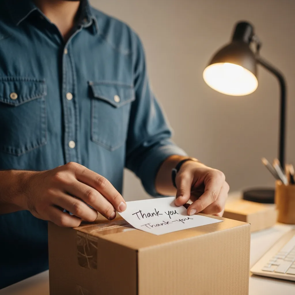 Close-up of a small business owner adding a handwritten thank-you note to a package, symbolizing the importance of customer experience.
