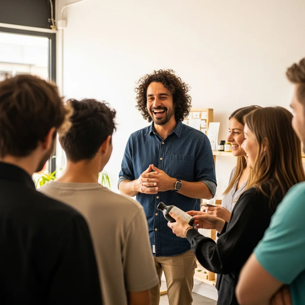 A charismatic brand founder laughing with an engaged group of customers at a local market, showing a strong community.