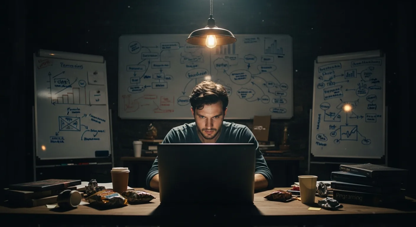 A founder working late in a garage, representing zero-budget marketing.