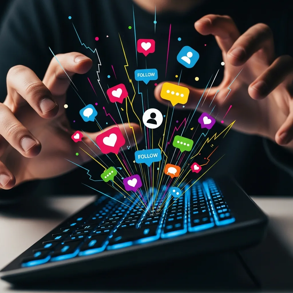Hands typing furiously on a keyboard, with social media icons exploding from the screen, representing the manual hustle.