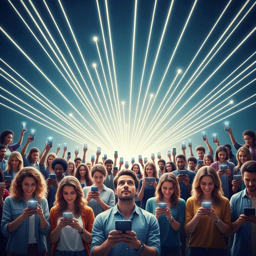 A diverse digital tribe of 500 people connected through their phones, representing a marketing army.