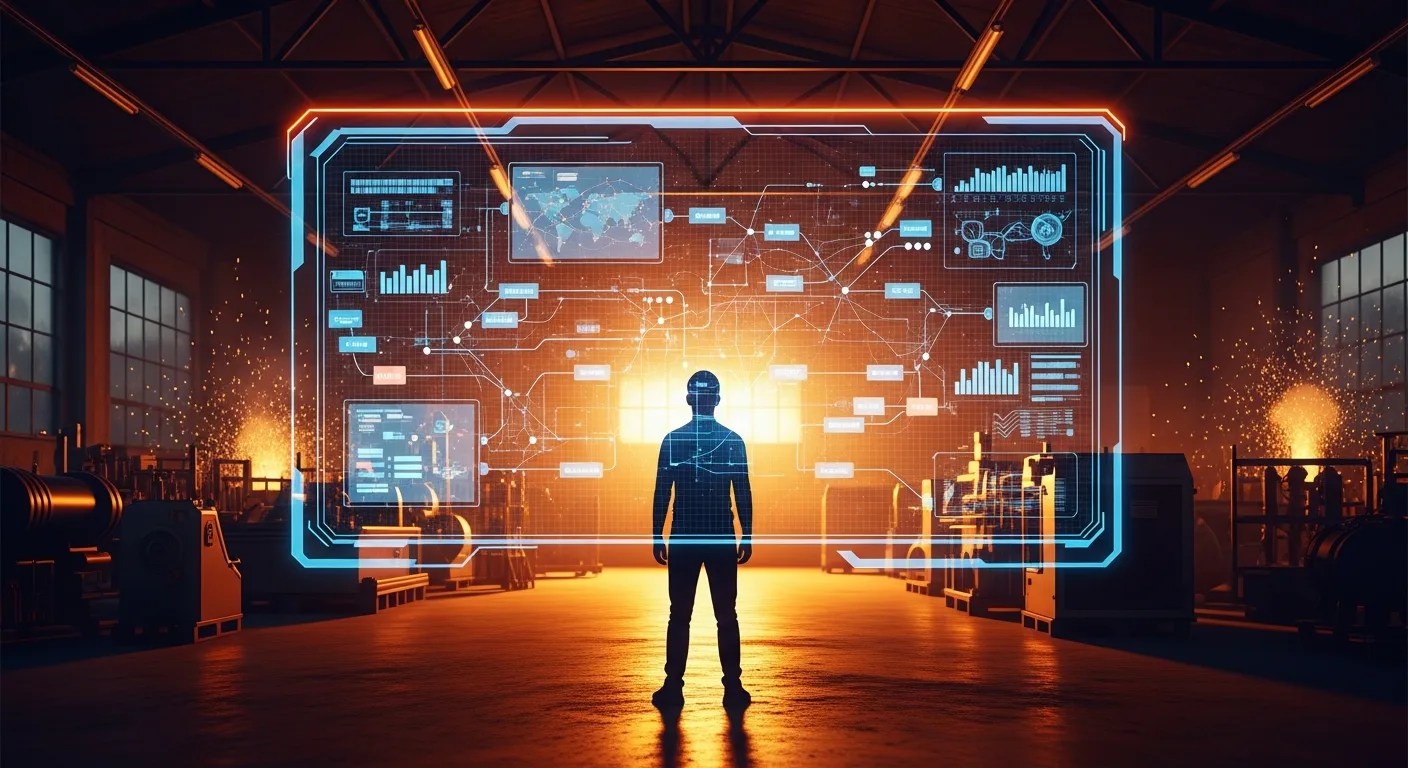 Entrepreneur silhouetted against a holographic interface displaying automation workflows.