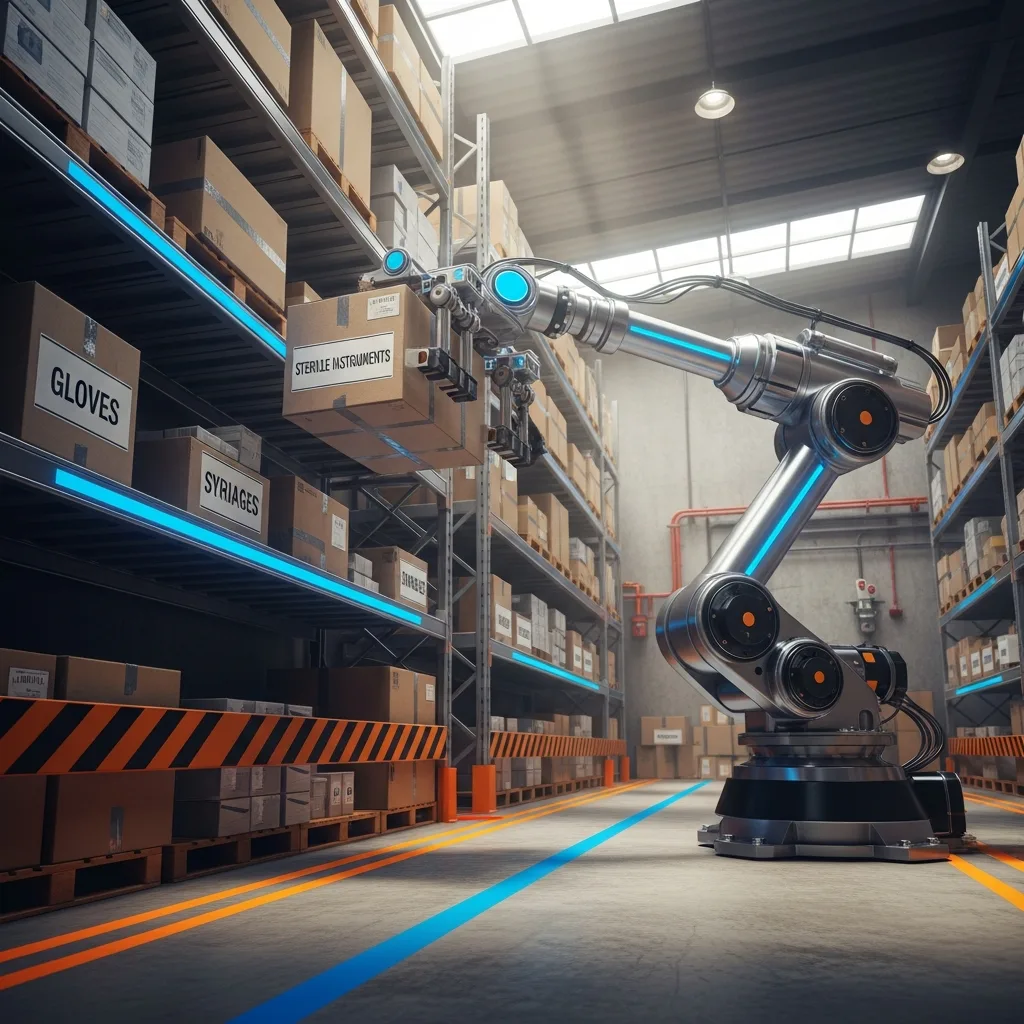 Robotic arm flawlessly organizing medical equipment, illustrating inventory automation.