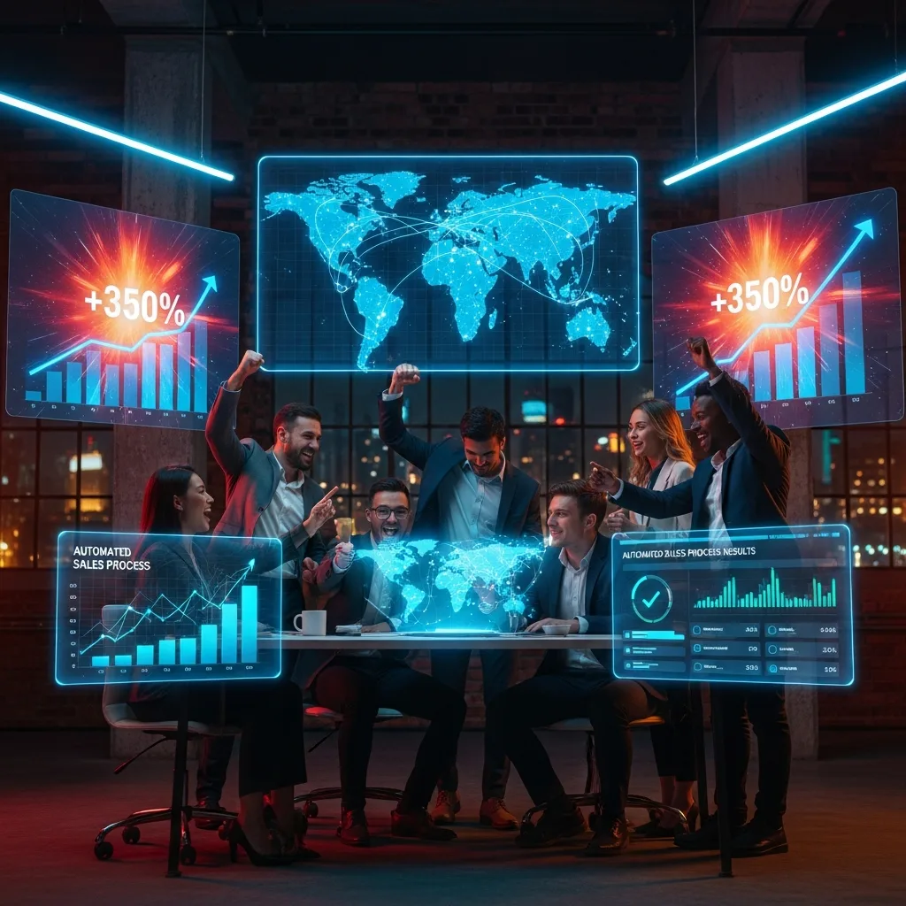 Sales team celebrating a win in a modern office with sales growth charts on screens.