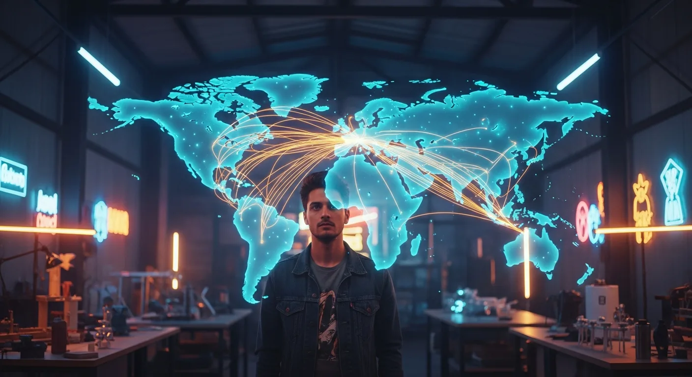 Cinematic hero image of an entrepreneur with a holographic world map.