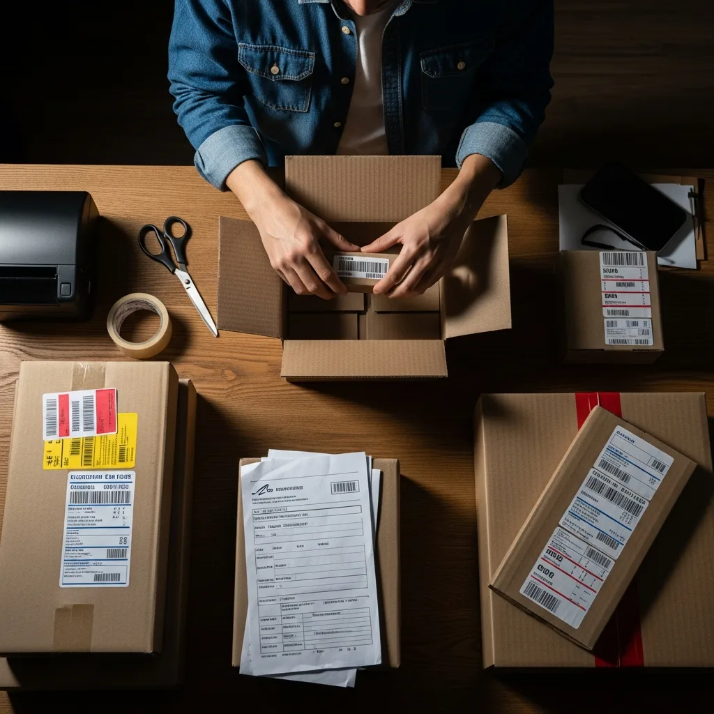 An organized workspace with packages ready for international shipment.