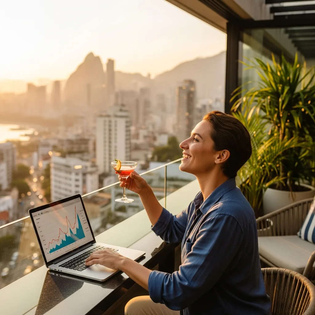 A successful hustler working on a laptop with a city view.