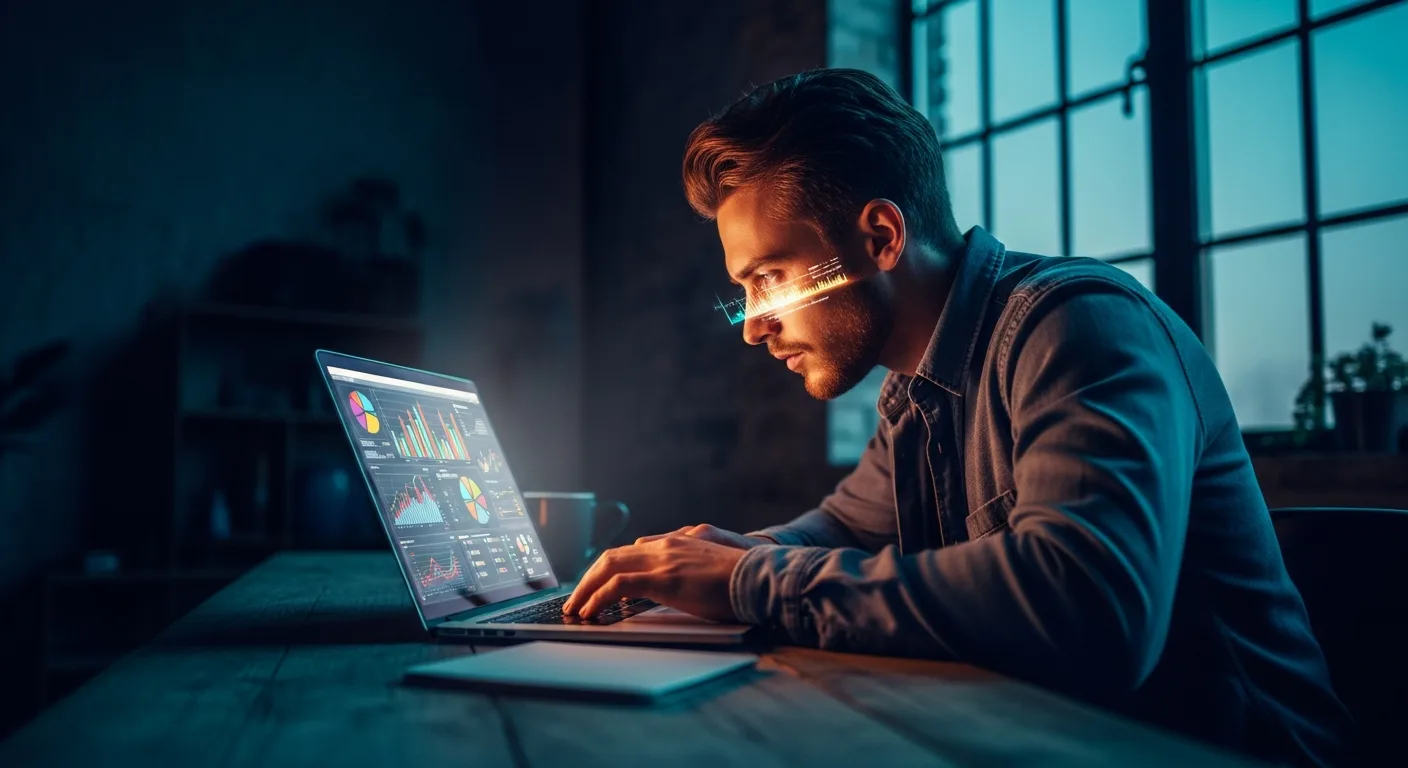 A solo entrepreneur intensely focused on a laptop with glowing charts in a gritty, urban loft at night.