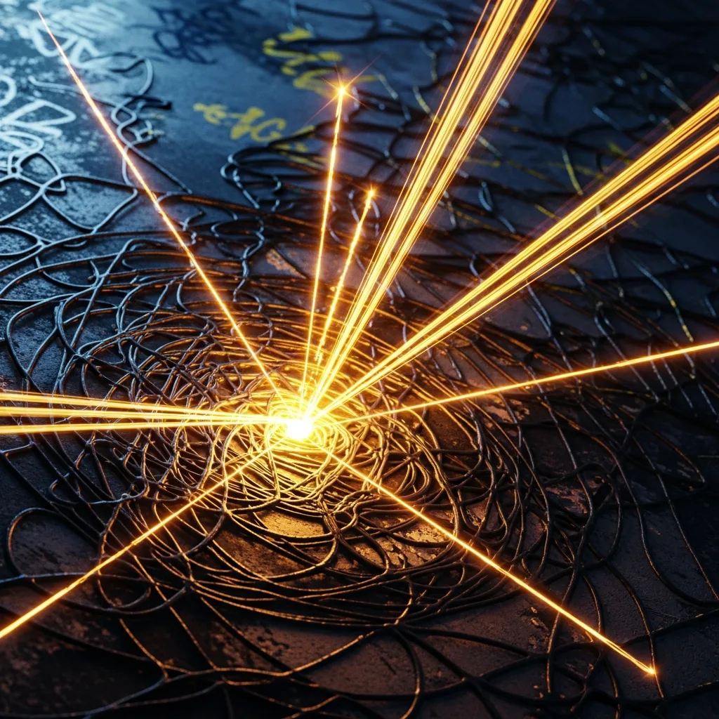 Abstract image of golden light streams (good keywords) being filtered from a tangle of dark lines (bad keywords).