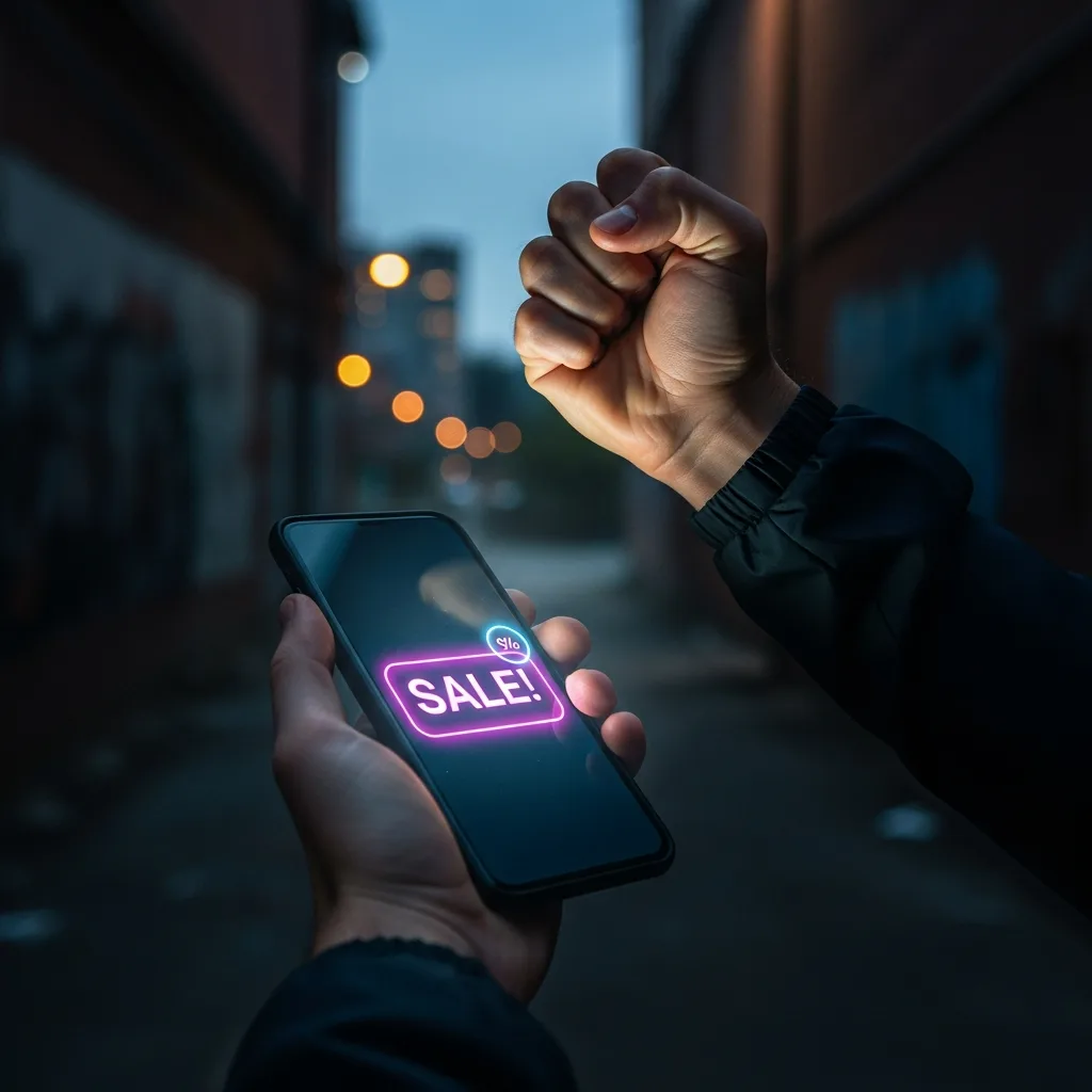Hands holding a smartphone with a 'SALE!' notification, with one hand clenched in a triumphant fist.