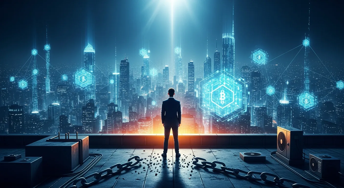 Epic wide shot of a lone entrepreneur standing on a skyscraper rooftop, looking out over a futuristic city made of glowing data streams and blockchain networks. They've broken digital chains, which lie shattered at their feet. The style is high-energy cinematic with bold blues and oranges, dramatic lighting from the city below, and a motivational, triumphant vibe. Gritty urban textures on the rooftop contrast with the clean digital world.