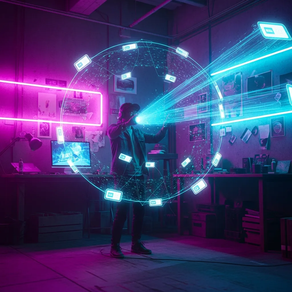 A digital creator in a gritty, neon-lit workshop is broadcasting their art, which flows out as holographic data streams to a decentralized network of glowing nodes surrounding them. They are in complete control, no central platform visible. The style is high-energy cinematic, with bold purples and cyans, dramatic backlighting, and a motivational feel of independent power. Gritty urban textures cover the walls.