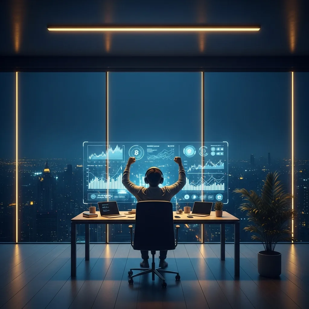 A successful crypto trader celebrates in their high-tech, minimalist penthouse office overlooking a sprawling city at night. Data charts and profit graphs glow on a holographic screen in front of them. The mood is one of quiet, hard-won victory and freedom. The style is high-energy cinematic, with bold gold and deep blue colors, dramatic, shadowy lighting, and epic city views, conveying a motivational sense of achievement.