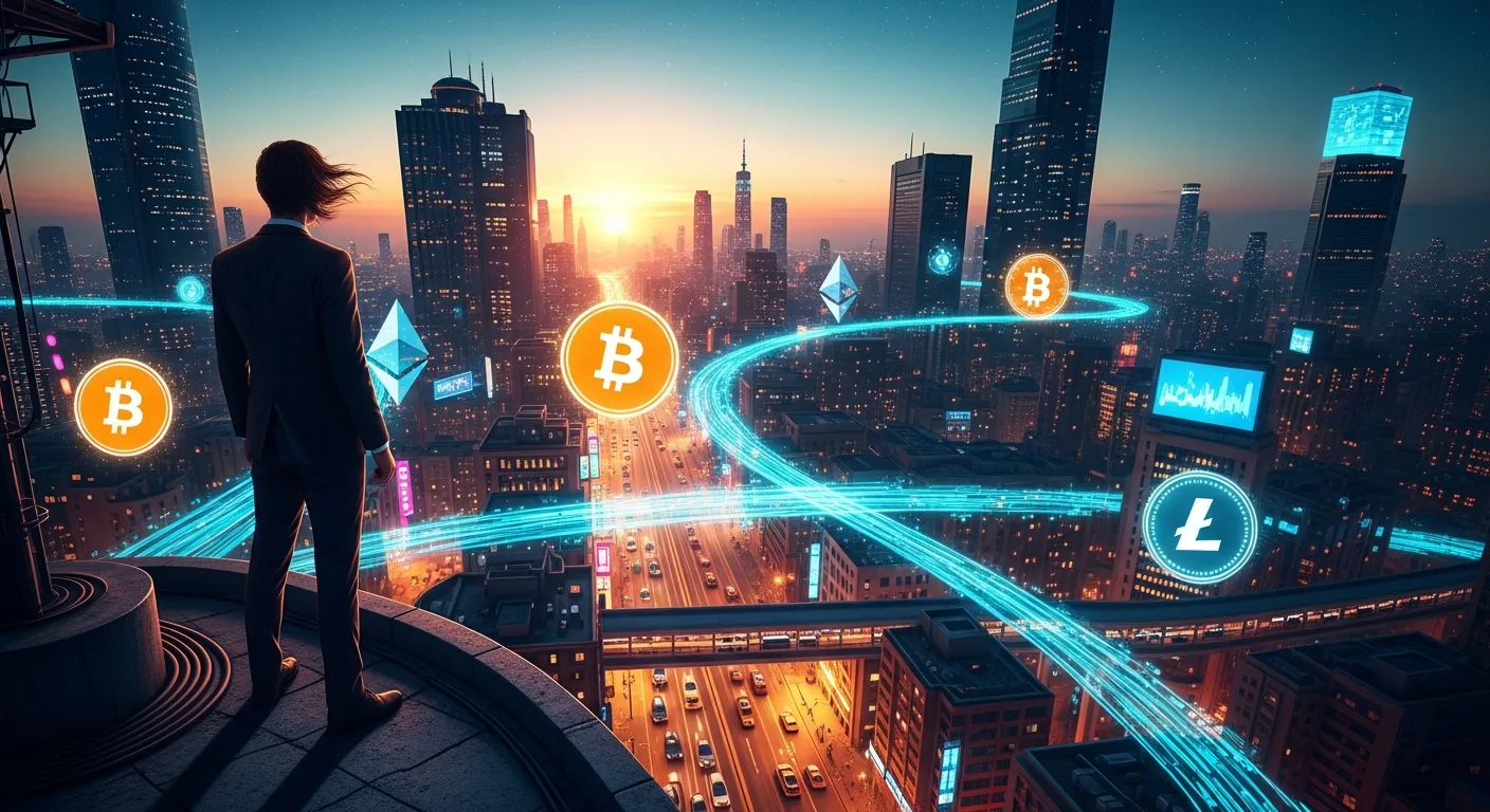 A lone entrepreneur stands on a gritty urban rooftop, overlooking a vast city pulsing with neon and gold lights. Data streams and crypto symbols flow through the streets below, capturing the future of hustle.