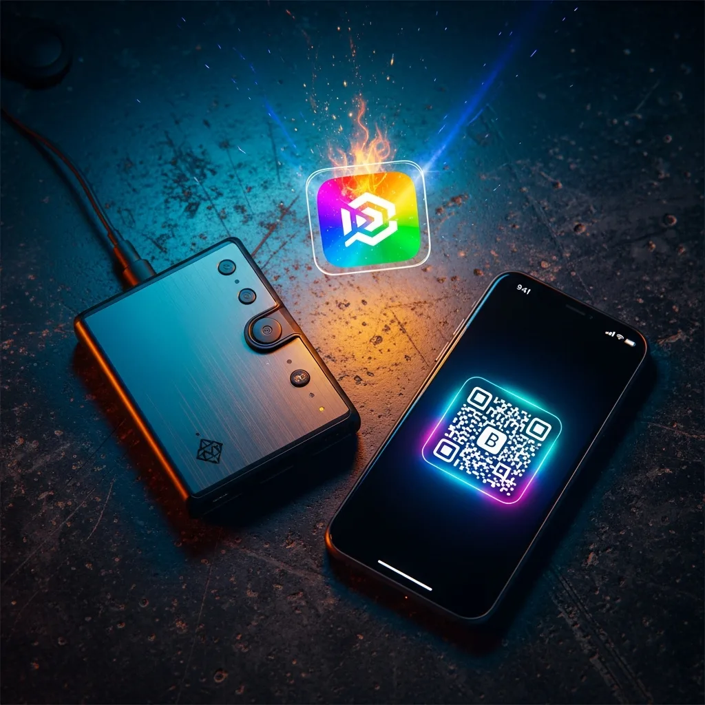 A top-down cinematic shot of a gritty, textured desk with a physical crypto hardware wallet, a smartphone with a QR code, and a holographic app icon, representing a hustler's toolkit.