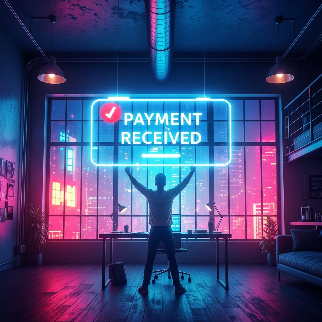 A person in an industrial loft celebrates with arms raised in front of a laptop as a massive, glowing 'PAYMENT RECEIVED' notification hangs holographically in the air.