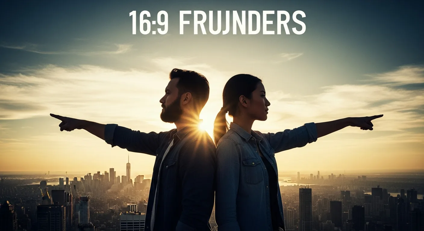 Two co-founders standing back to back against a sunrise, symbolizing a strong business partnership.