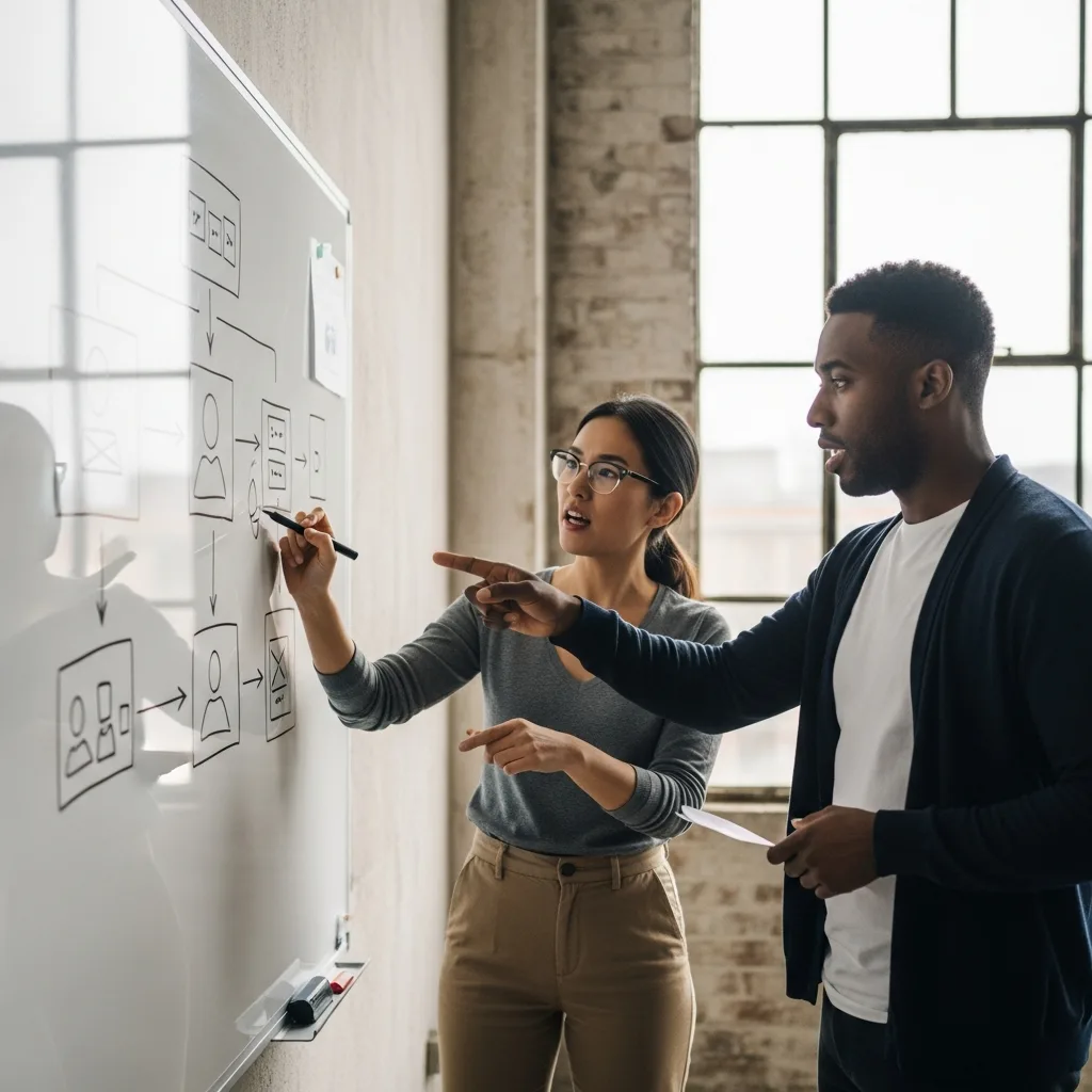 Two diverse co-founders collaborating on a whiteboard during a prototype sprint.