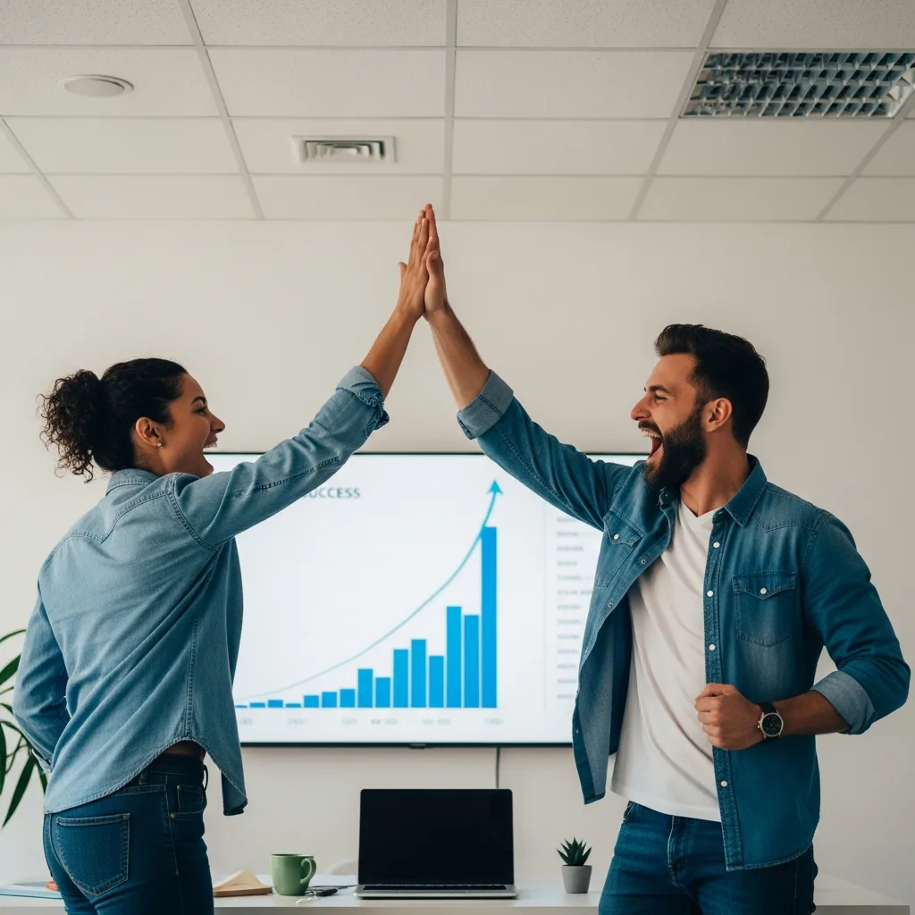 Two triumphant co-founders high-five in their office as a success graph rises on a screen behind them.