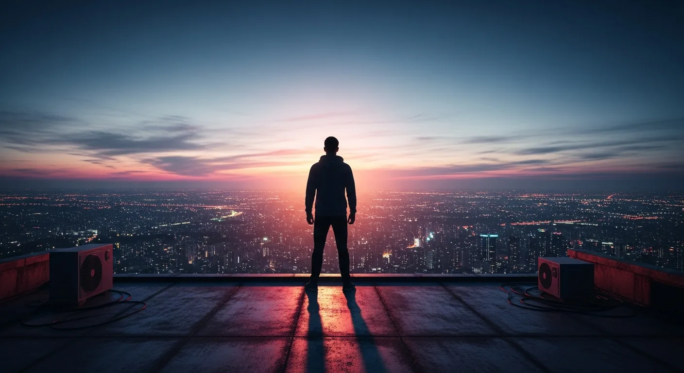 A determined young entrepreneur stands on a gritty urban rooftop at dusk, overlooking a sprawling city, embodying the ambition to build an empire.