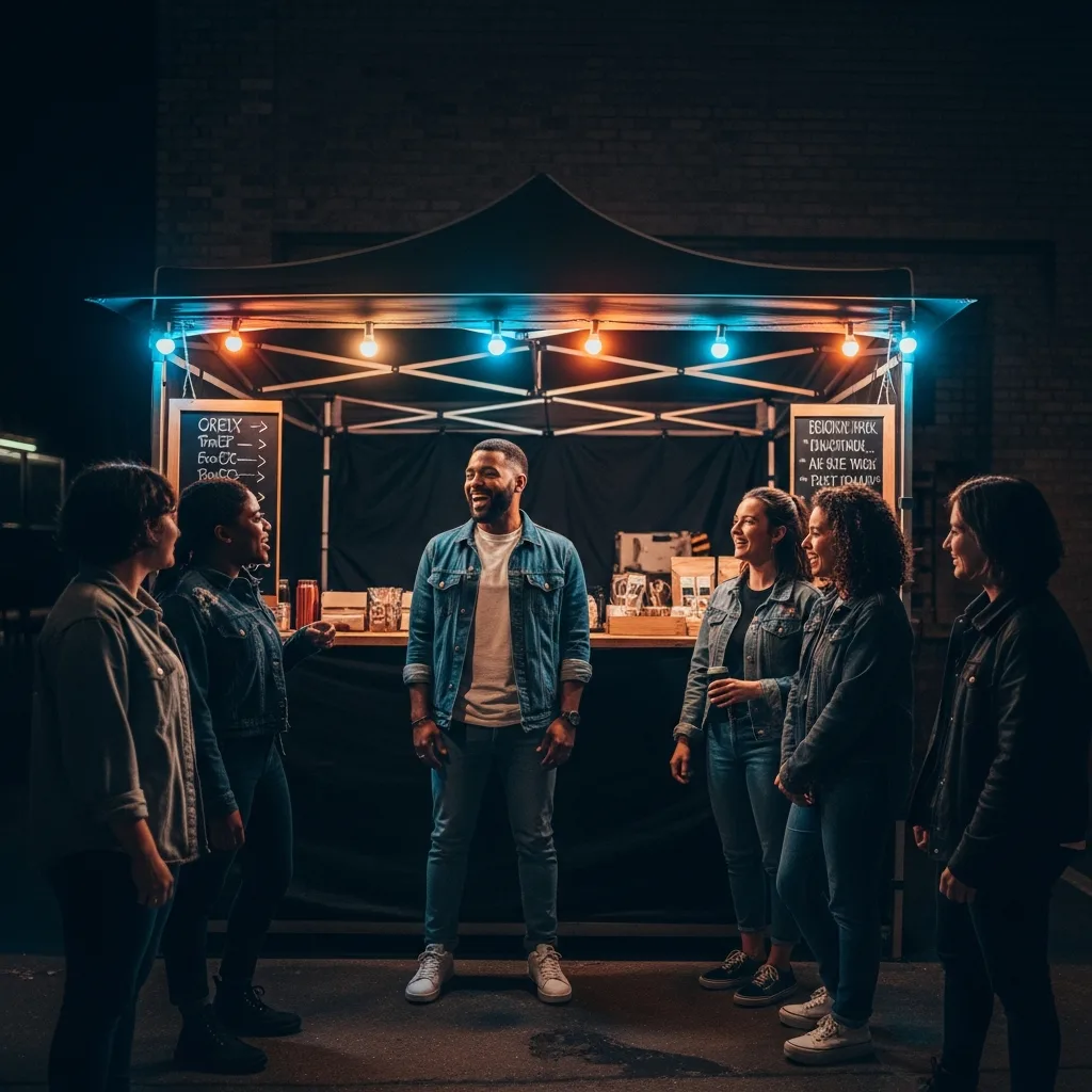 A charismatic creator laughs with a group of enthusiastic customers at a market stall, celebrating the connection with their loyal 'tribe'.