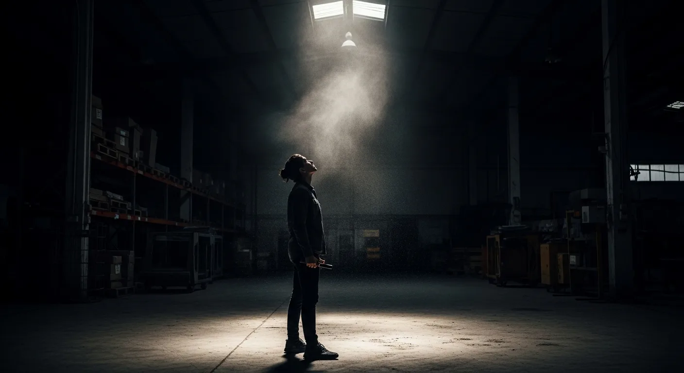 A determined entrepreneur silhouetted in a gritty, dark warehouse, looking up at a single, bright light source, symbolizing the tough journey of building a business.