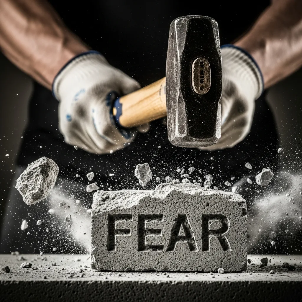 Hands gripping a sledgehammer, having just smashed a concrete block with the word FEAR on it, symbolizing breaking through mental barriers.