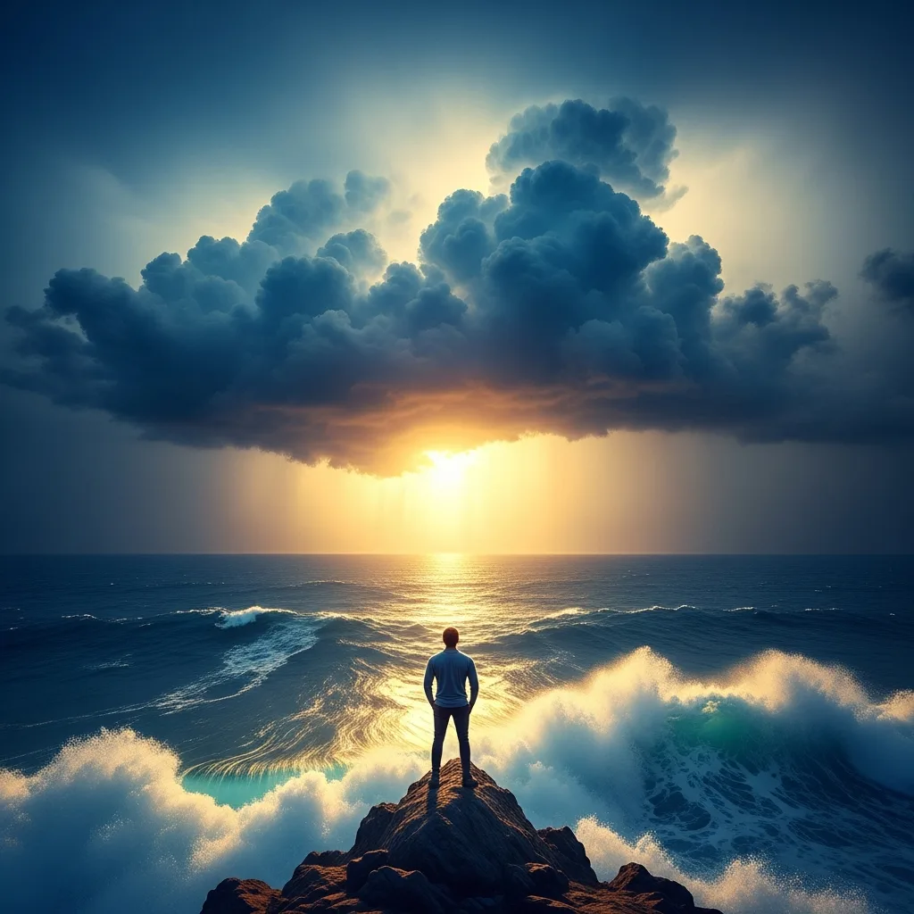 A founder stands confidently on a peak overlooking a stormy sea as golden light breaks through the clouds, representing becoming Antifragile.