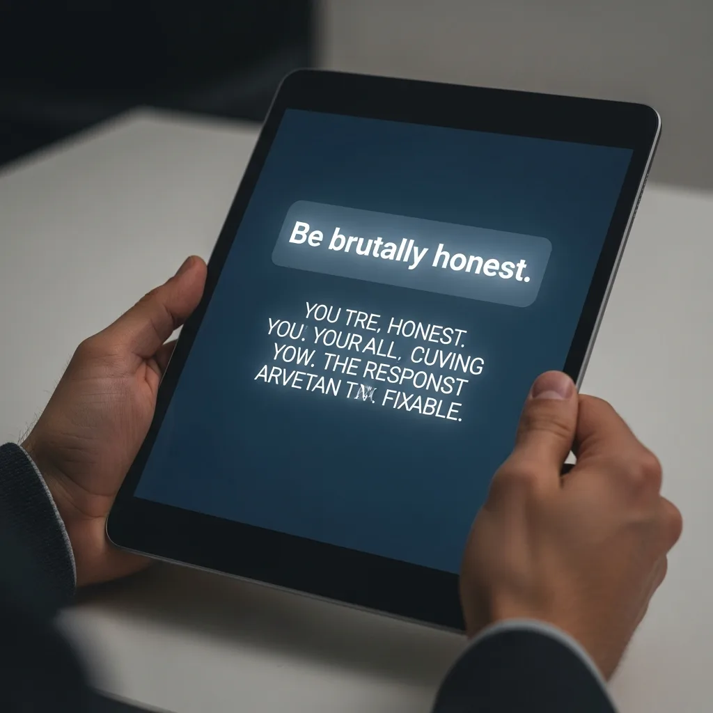 A close-up shot of a tablet screen where a user has prompted the AI to 'Be brutally honest' and is receiving a sharp, direct text response.