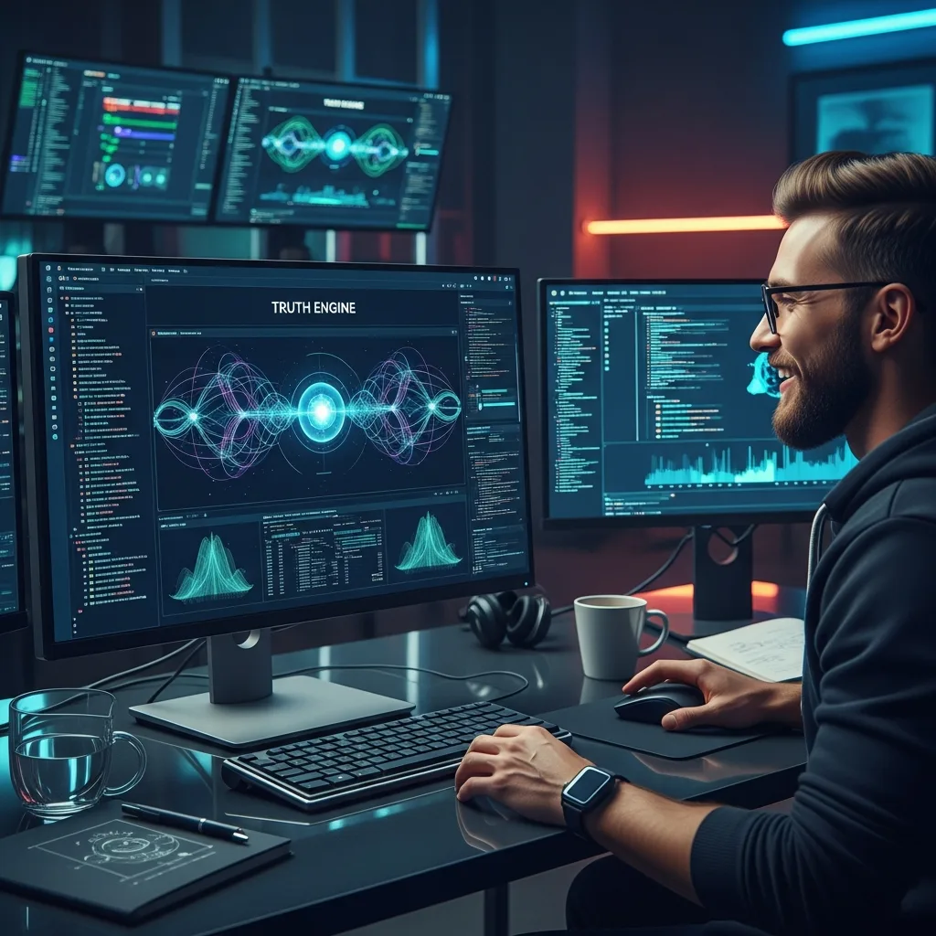 A developer looking with satisfaction at a computer monitor displaying clean code and data visualizations for a 'Truth Engine'.