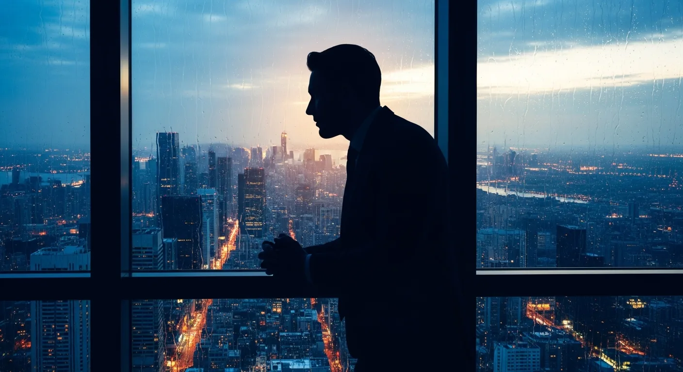 A determined entrepreneur silhouetted against a rainy window overlooking a city at dawn, representing the killer instinct needed for business.